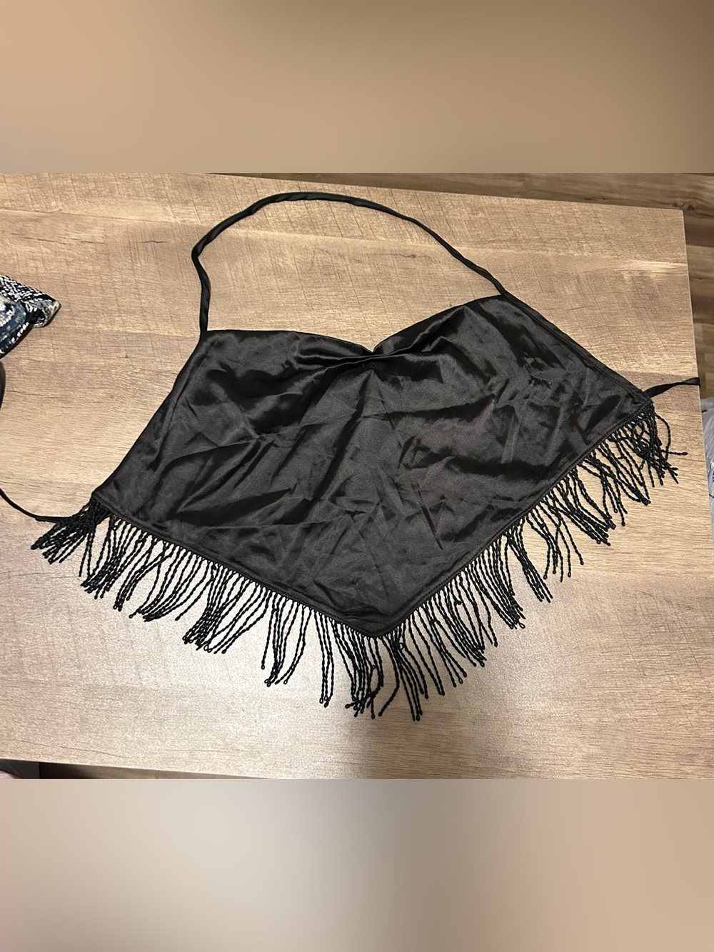 Black Fringe Satin Halter Crop Top - Women Size Large